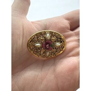 Vintage Victorian Revival Gold Tone Filigree Oval Brooch Faux Pearl Red Rose
